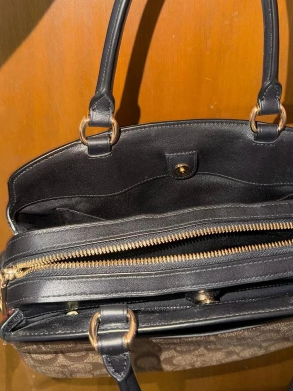 Coach Khaki Signature Canvas Dome Satchel with Black Trim